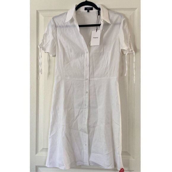THEORY | Tied-Sleeve Button-Down Dress in white Linen blend White Size  6 - Picture 3 of 13